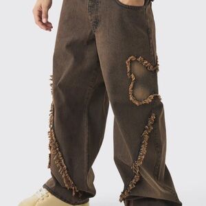 Brown Relaxed Fit Distressed Jeans with Raw-Edge Detailing